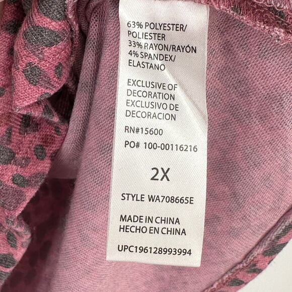 New Democracy V Neck Pick Up Hem Leopard Print Shirt Plus Size 2X Berry Pink - Picture 7 of 7